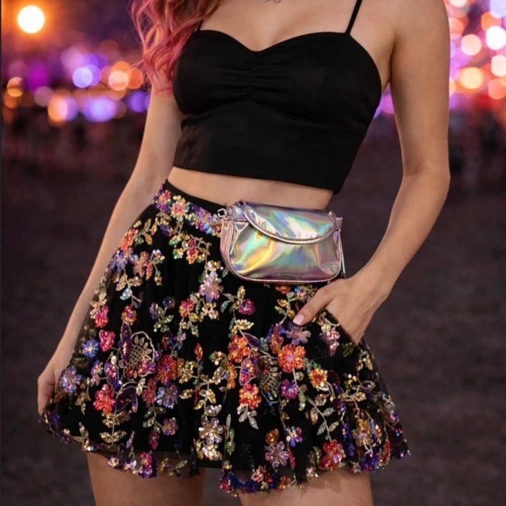 Sequin Floral Mini Skirt SMALL Black Tulle Party Y2K Festival Rave Statement